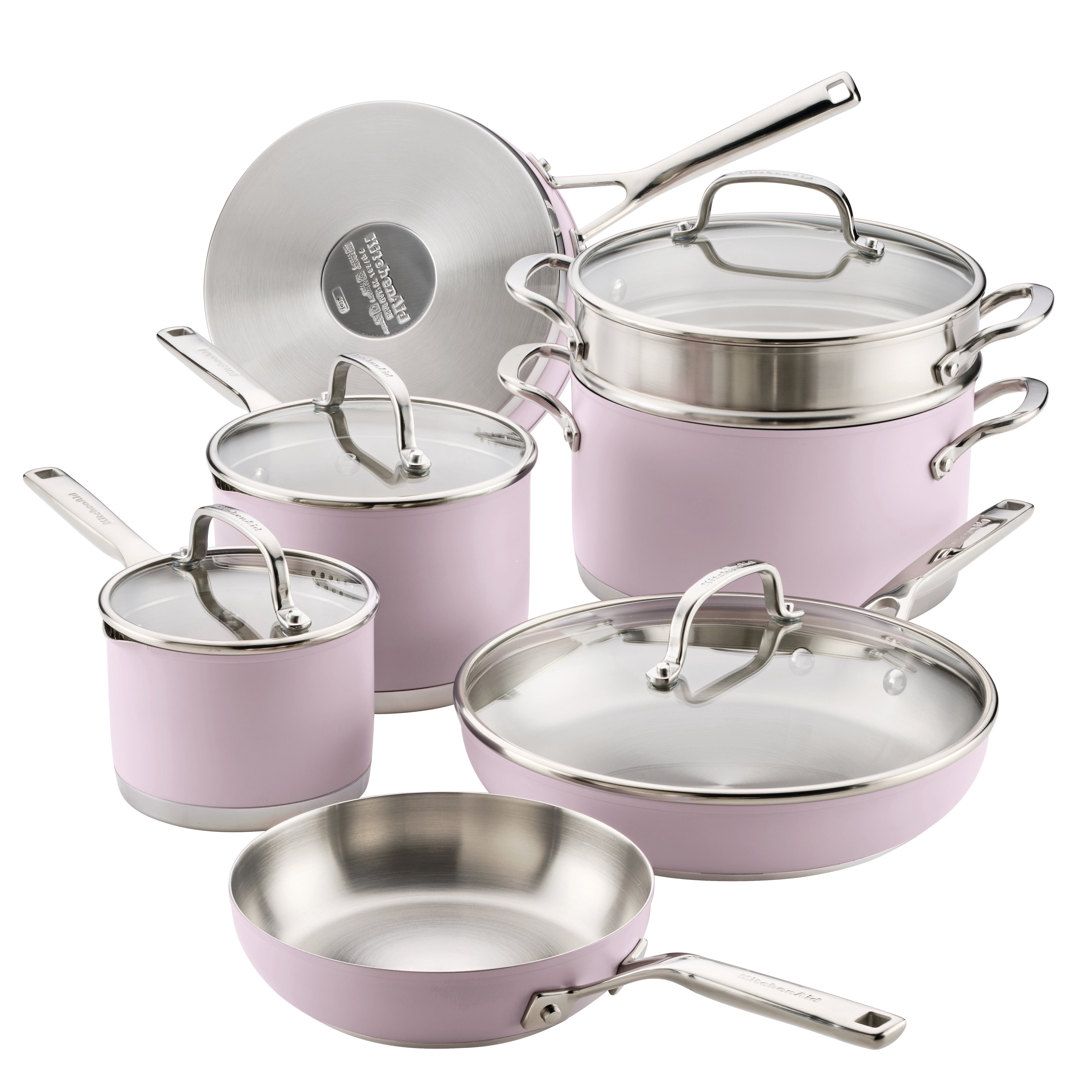 KitchenAid 11pc Color-Finished Stainless Steel 3-Ply Base Cookware Set Dishwasher and Metal Utensil Safe, Induction Suitable and Oven Safe to 500°F, Wildflower