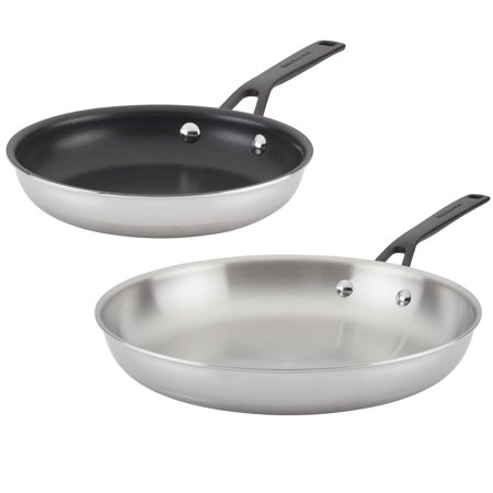 KitchenAid 2 Piece 5 Ply Clad Stainless Steel and Non-tick Frying Pan Set, Stainless Steel