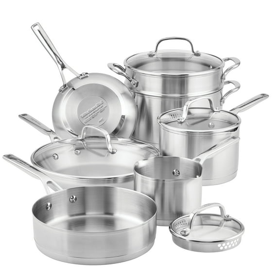 KitchenAid 3-Ply Base 11 Pcs Stainless Steel Cookware Induction Pots and Pans Set, Metal Utensil and Dishwasher Safe and Oven Safe to 500°F, Brushed Stainless Steel