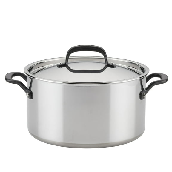 KitchenAid 5-Ply Clad 8 Quart Stainless Steel Stockpot with Lid, Induction Compatible, Dishwasher Safe, Metal Utensil, Broiler and Oven Safe to 500F, Polished Stainless Steel