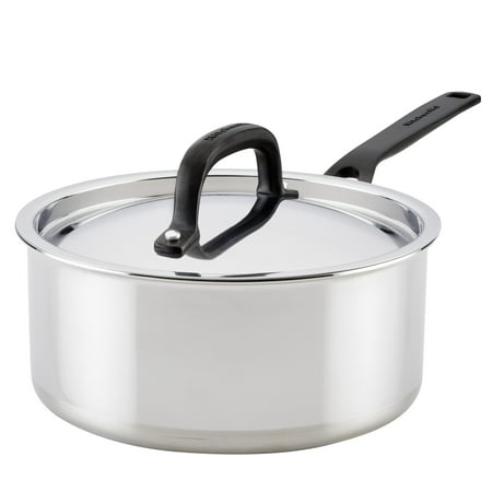 KitchenAid 5-Ply Clad 3 Quart Stainless Steel Induction Sauce Pan with Lid, Dishwasher Safe, Metal Utensil, Broiler and Oven Safe to 500°F, Polished Stainless Steel