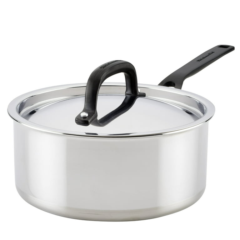 KitchenAid 5-Ply Clad Stainless Steel Induction Saucepan with Lid, 3 Quart,  Polished Stainless Steel
