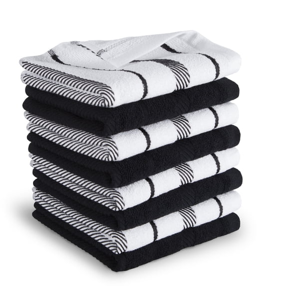 KITCHENAID Albany Dishcloth 8 Pack Set, Matte Black/White, 12"x12"