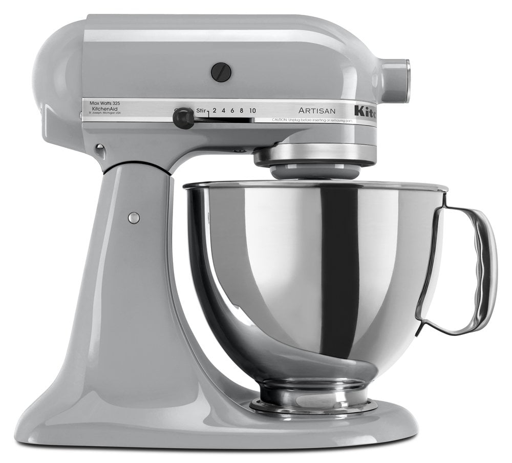KitchenAid Artisan Series 5 qt Stand Mixer, Silver with Flat Beater, Dough Hook, Wire Whip