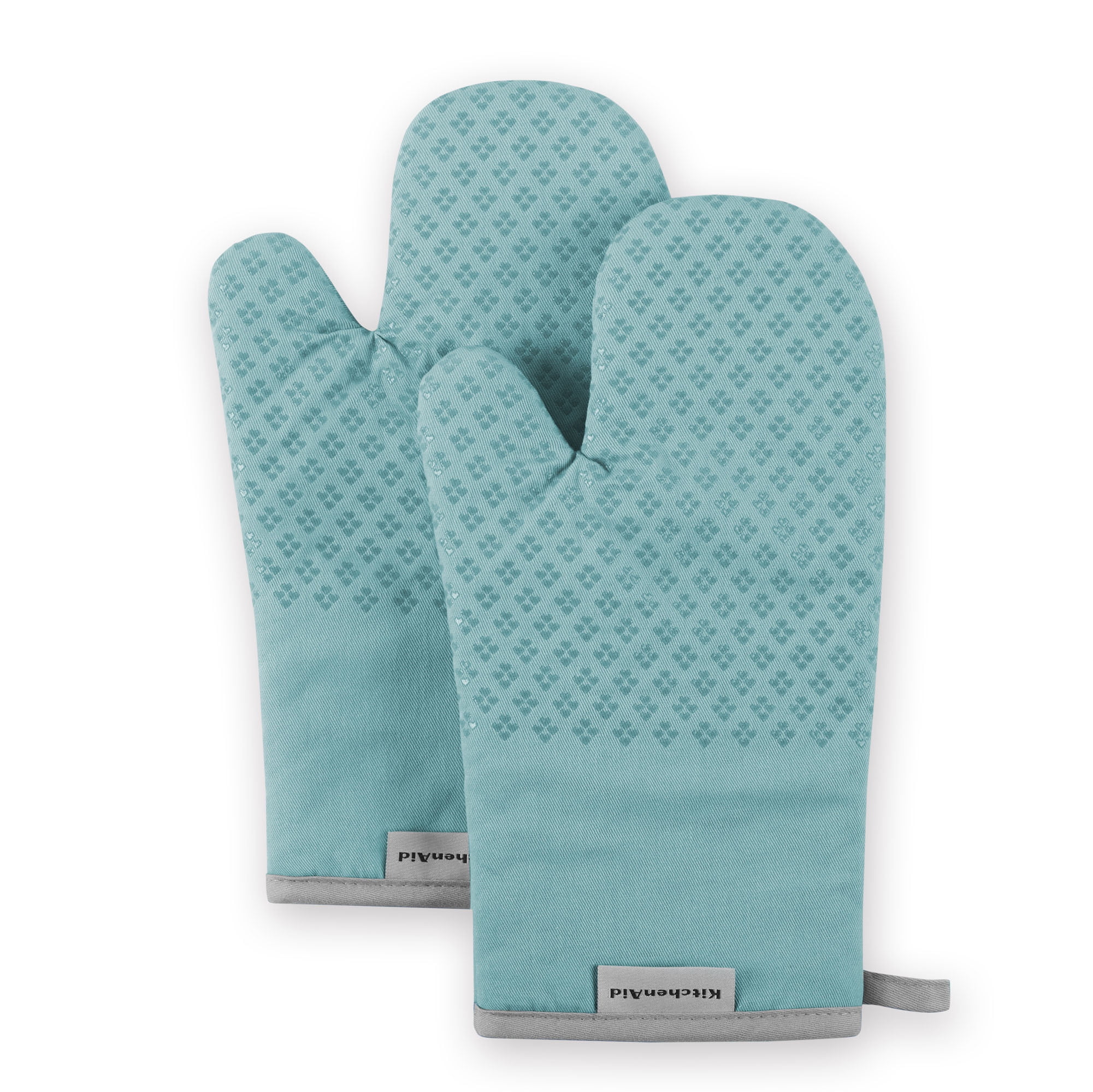 Aqua Heat-Resistant Cotton Oven Mitts with Silicone Grips, 2-Piece Set