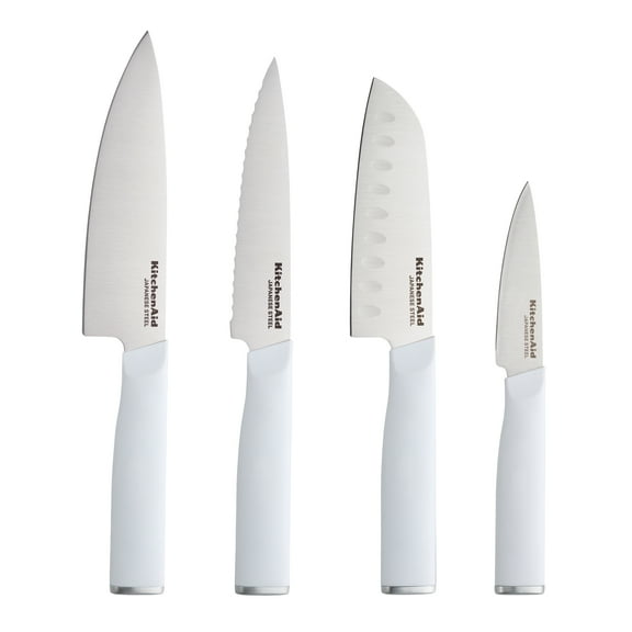 KitchenAid Chef Set with Custom-Fit Covers, Sharp Kitchen Knife, High-Carbon Japanese Stainless Steel Blade, 4 Piece, White