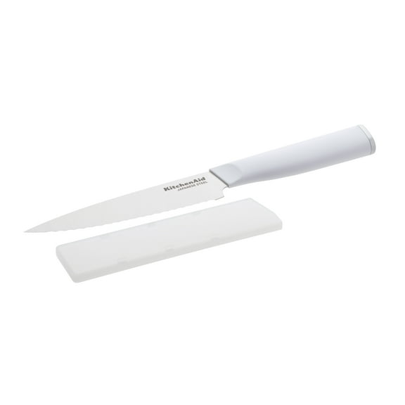 KitchenAid Classic 5.5-Inch Serrated Utility Knife with Sheath, High-Carbon Japanese Steel, White