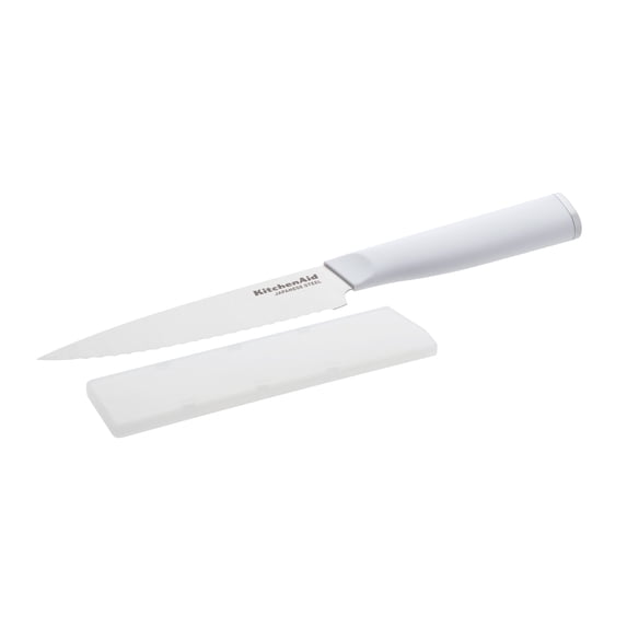 KitchenAid Classic 5.5-Inch Serrated Utility Knife with Sheath, High-Carbon Japanese Steel, White