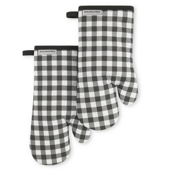 KITCHENAID Gingham Oven Mitt 2-Pack Set, Matte Black, 7"x13"
