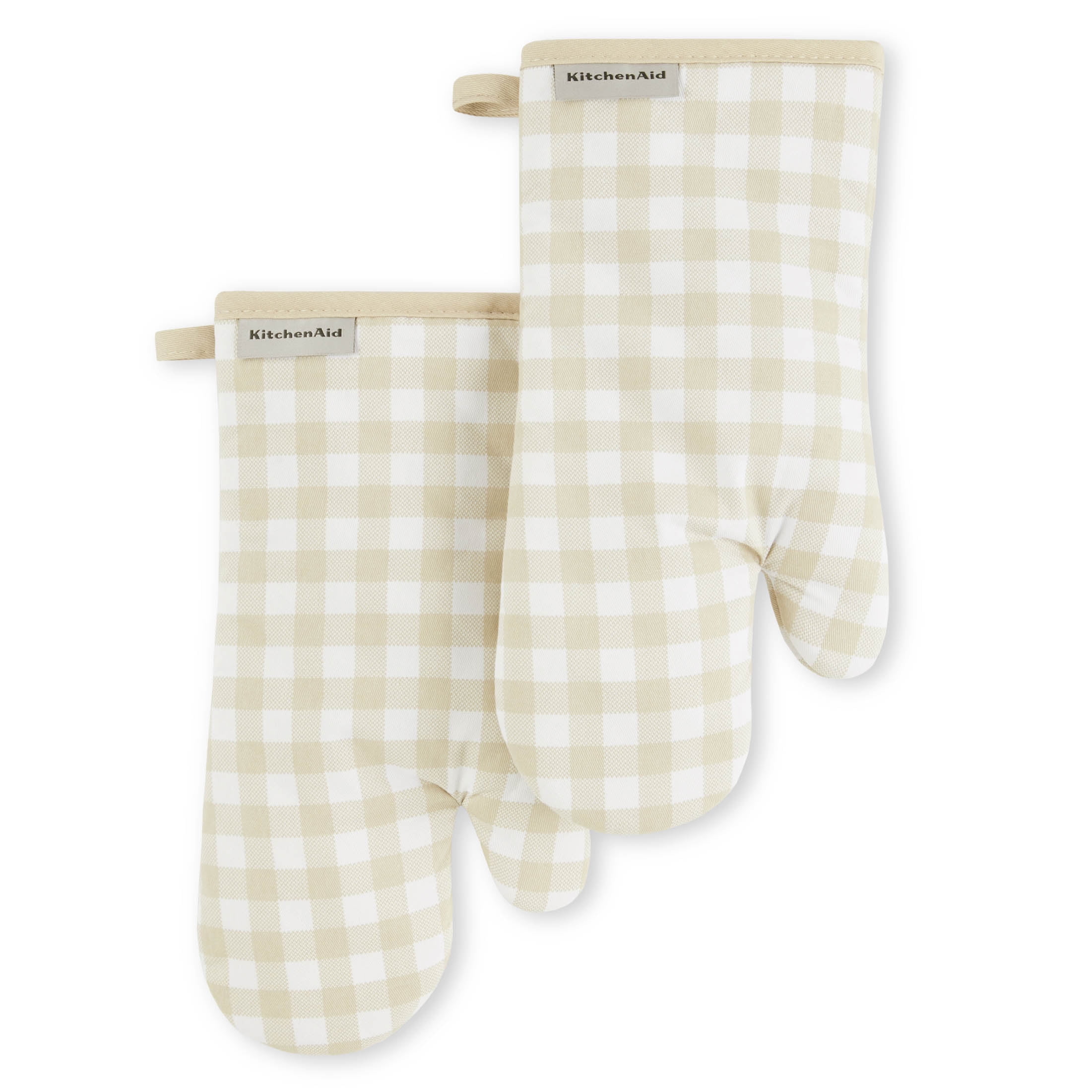 Beige and White Gingham Cotton Oven Mitt Set, 7" x 13"
