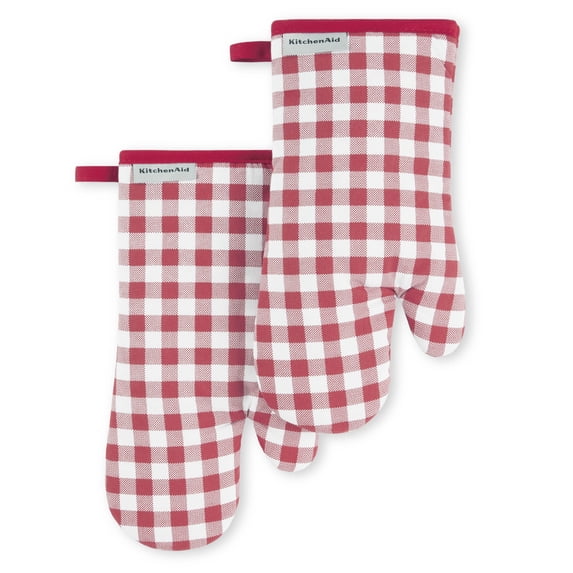 KitchenAid Gingham Oven Mitt 2-Pack Set, Passion Red, 7"x13"