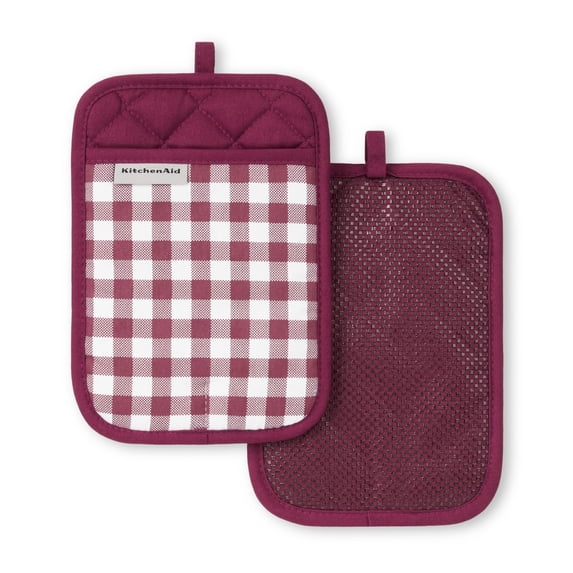 KitchenAid Gingham Pot Holder 2-Pack Set, Beet, 7"x10"
