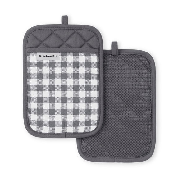 KitchenAid Gingham Pot Holder 2-Pack Set, Charcoal Grey, 7"x10"