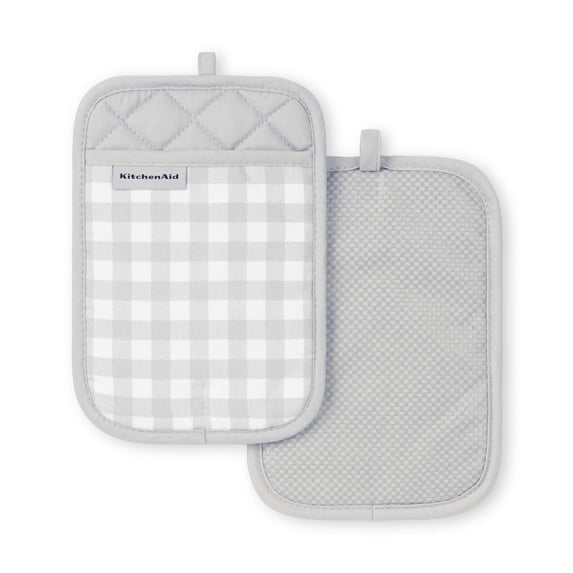 KitchenAid Gingham Pot Holder 2-Pack Set, Matte Grey, 7"x10"