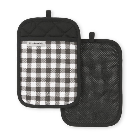 KITCHENAID Gingham Pot Holder 2-Pack Set, Matte Black, 7"x10"