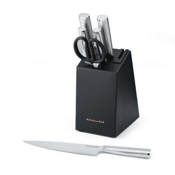 KitchenAid Gourmet 7-Piece Forged Knife Block Set with Built-In Sharpener, Stainless Steel Handles, Black