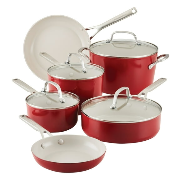 KitchenAid Hard Anodized 10 Pcs Ceramic Nonstick Cookware Pots and Pans Set, Oven Safe to 500°F, Empire Red