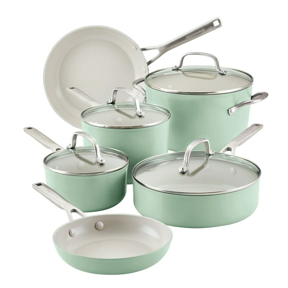 KitchenAid Hard Anodized 10 Pcs Ceramic Nonstick Cookware Pots and Pans Set, Oven Safe to 500°F, Pistachio