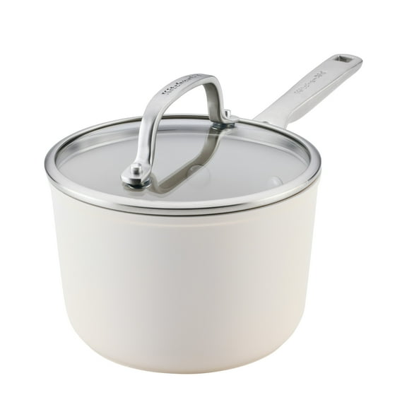 KitchenAid Hard-Anodized 2 Quart Ceramic Induction Saucepan with Lid, Dishwasher Safe and Oven Safe to 500F, Porcelain White