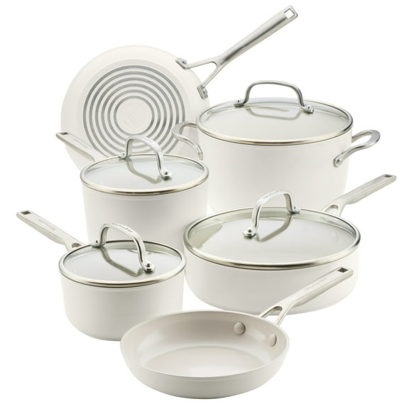KitchenAid Hard-Anodized 10 Pcs Ceramic Induction Cookware Set, Dishwasher Safe and Oven Safe to 500F, Porcelain White