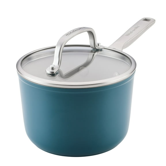 KitchenAid Hard-Anodized 2 Quart Ceramic Induction Saucepan with Lid, Dishwasher Safe and Oven Safe to 500F, Agave Blue