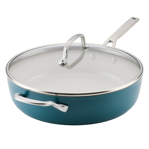 KitchenAid Hard-Anodized 5 Quart Ceramic Induction Saute Pan with Lid and Helper Handle, Dishwasher Safe and Oven Safe to 500F, Agave Blue