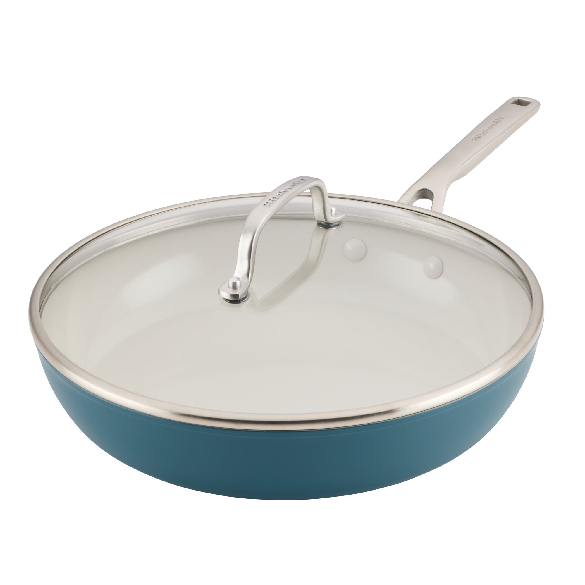 KitchenAid Hard-Anodized 12.25 Inch Ceramic Induction Skillet with Lid, Dishwasher Safe and Oven Safe to 500°F, Agave Blue