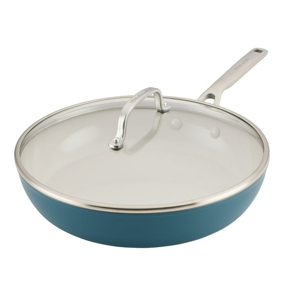 KitchenAid Hard-Anodized 12.25 Inch Ceramic Induction Skillet with Lid, Dishwasher Safe and Oven Safe to 500F, Agave Blue