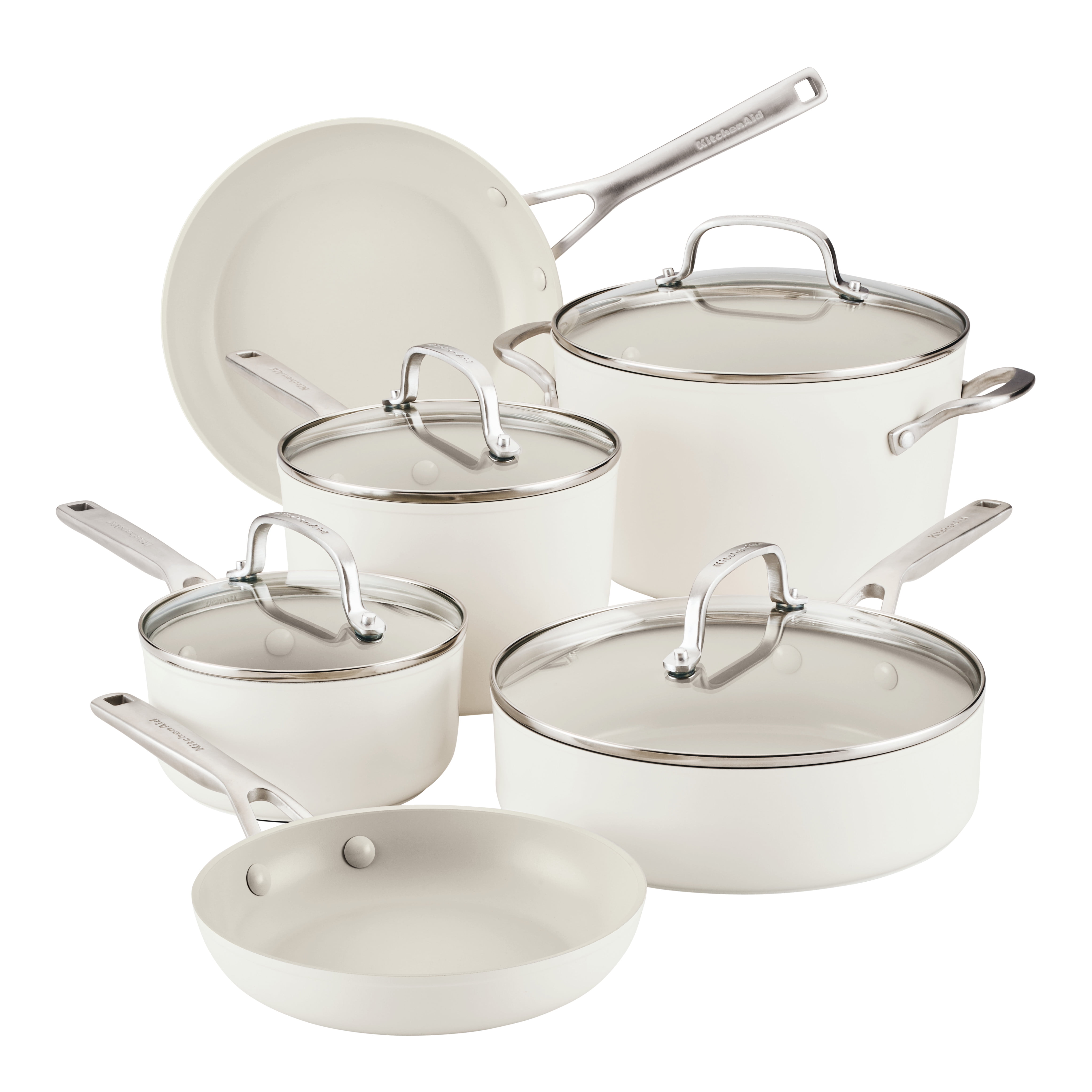 Porcelain White Ceramic Nonstick 10-Piece Cookware Set with Stainless Steel Handles