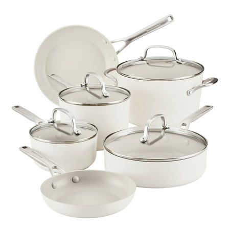 KitchenAid Hard Anodized Ceramic Nonstick Cookware Pots and Pans Set, 10-Piece, Porcelain White
