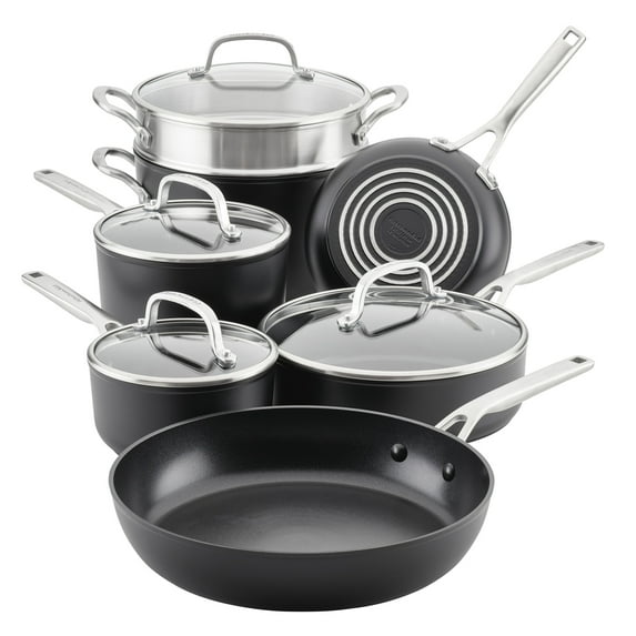 KitchenAid Hard-Anodized 11 Pcs Induction Nonstick Cookware Set, Dishwasher Safe and Oven Safe to 500°F, Matte Black