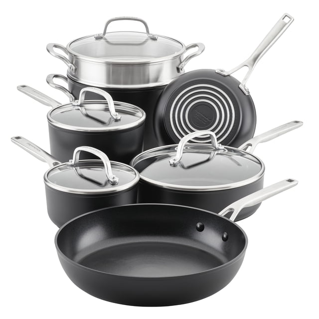 KitchenAid Hard-Anodized 11 Pcs Induction Nonstick Cookware Set, Dishwasher Safe and Oven Safe to 500F, Matte Black