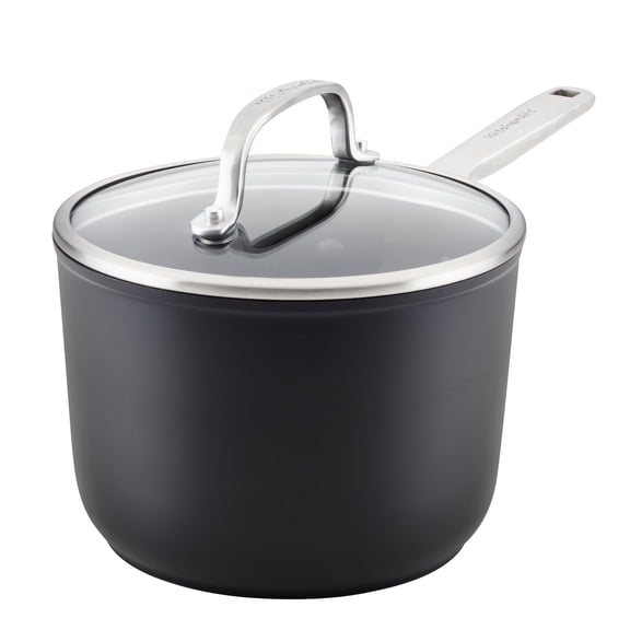 KitchenAid Hard-Anodized 2 Quart Induction Nonstick Sauce Pan with Lid, Dishwasher Safe and Oven Safe to 500F, Matte Black