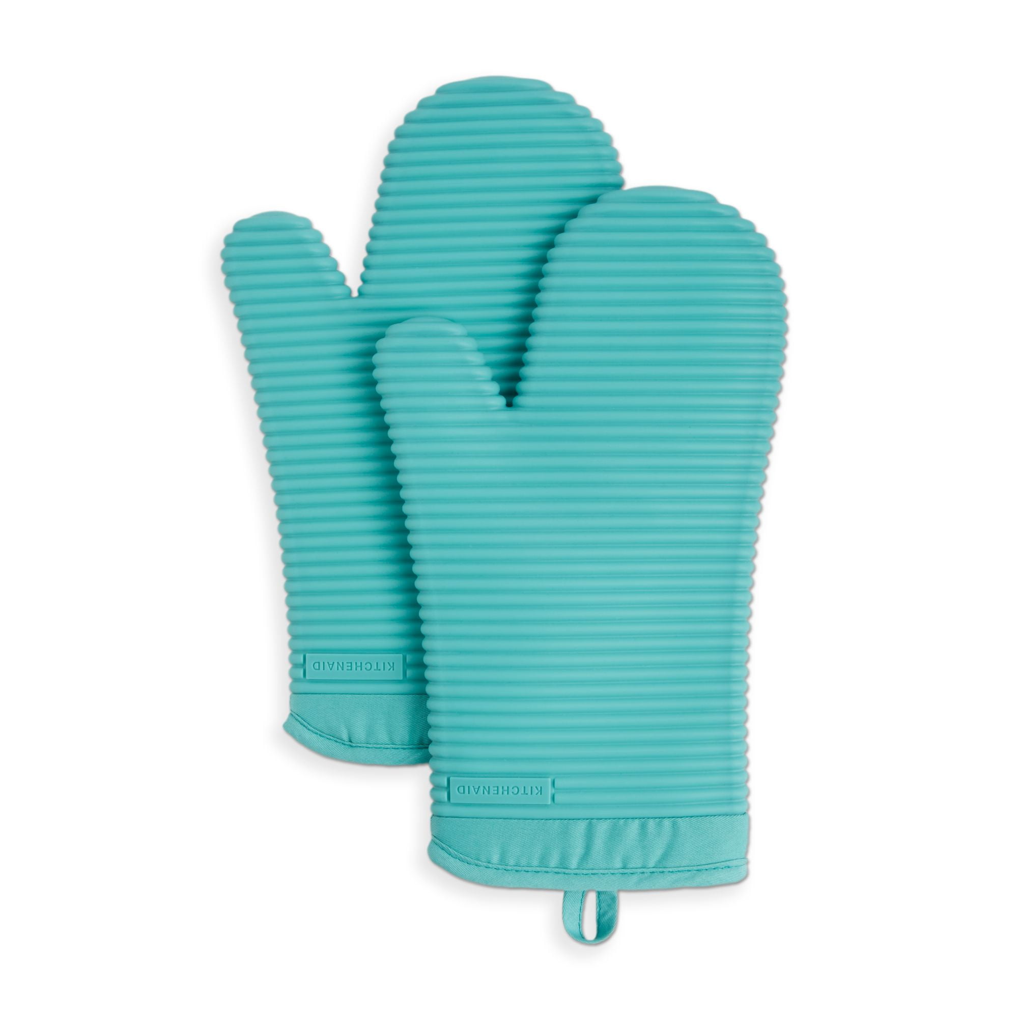 Aqua Sky Ribbed Silicone Oven Mitt Set with Cotton Cuff