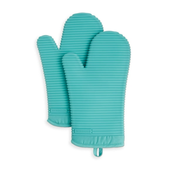 KitchenAid Ribbed Soft Silicone Oven Mitt 2-Pack Set, Aqua Sky, 7.5"x13"