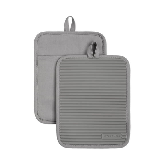 KitchenAid Ribbed Soft Silicone Pot Holder 2-Pack Set, Grey, 7"x9"