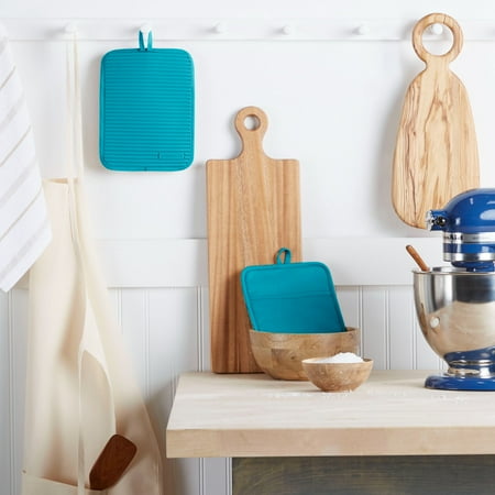 KitchenAid Ribbed Soft Silicone Pot Holder 2-Pack Set, Ocean Drive Blue, 7"x9"