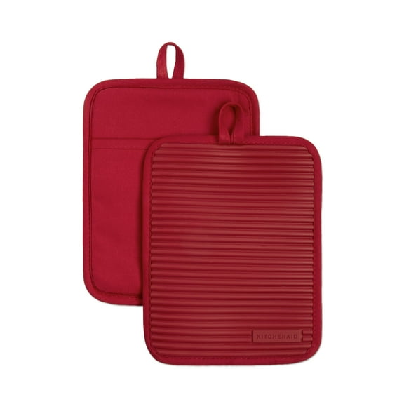 KitchenAid Ribbed Soft Silicone Pot Holder 2-Pack Set, Passion Red, 7"x9"