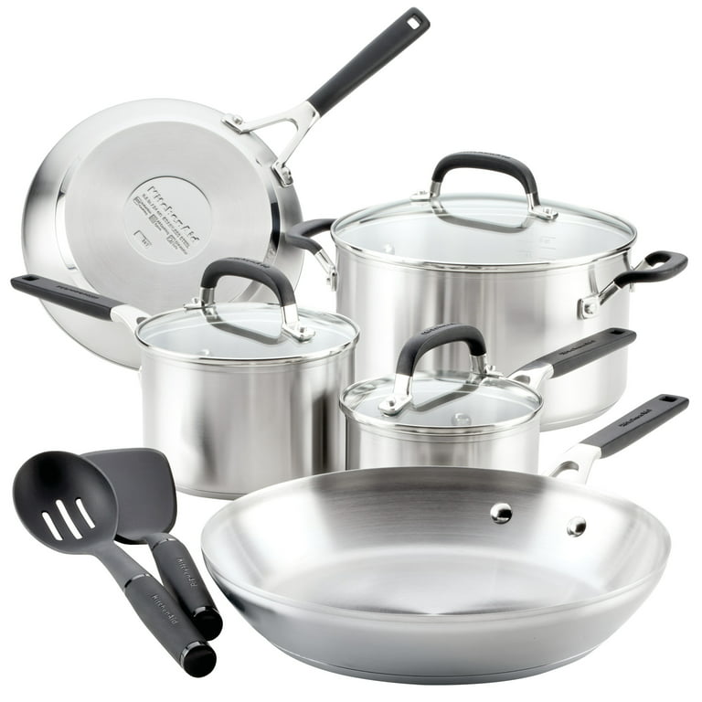 KitchenAid 11-Piece 3-Ply Base Stainless Steel Cookware Set, Silver