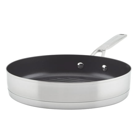 KitchenAid 3-Ply Base 10.25 Inch Stainless Steel Nonstick Induction Stovetop Grill Pan, Dishwasher Safe and Oven Safe to 500°F, Brushed Stainless Steel