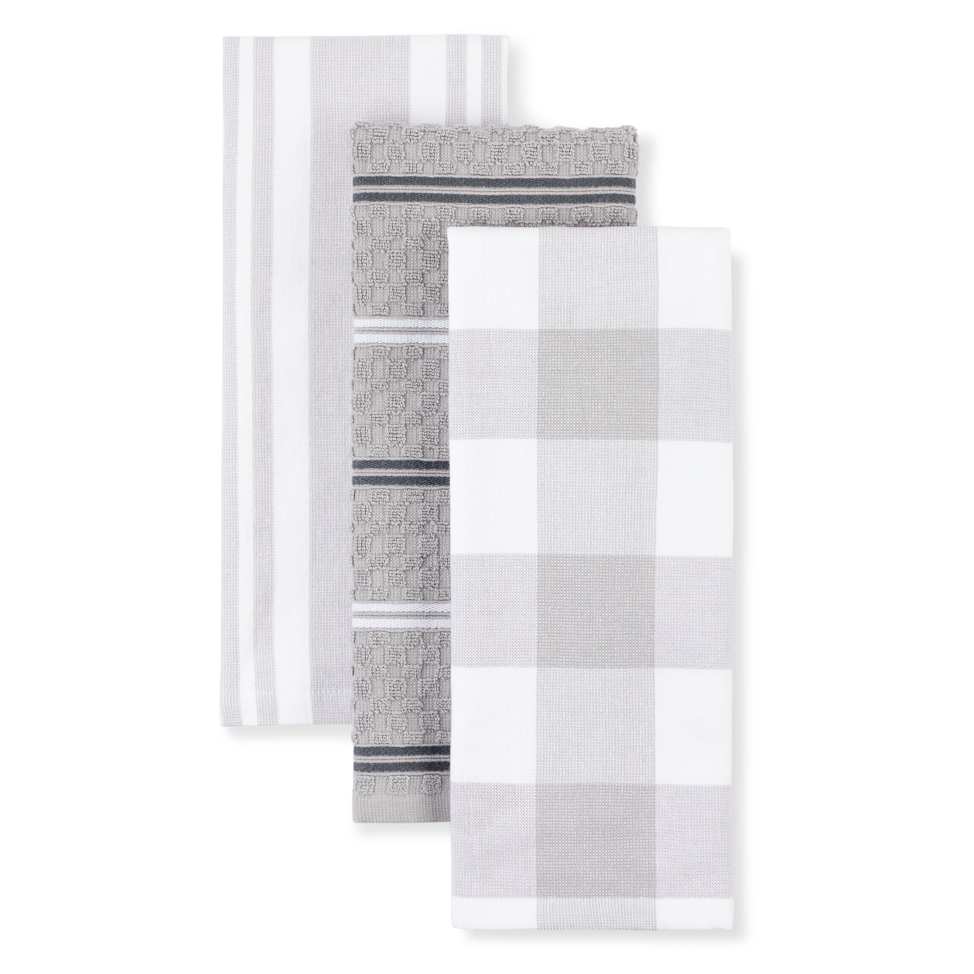 KitchenAid Stripe Gingham Dual Purpose Kitchen Towel 3-Pack Set, Matte Grey,  16 x 28 