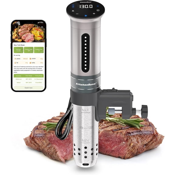 KitchenBoss Wifi Sous Vide Cooker: Ultra-quiet Sous Vide Machine Immersion Circulator APP Control 1100W, IPX7 Waterproof Sous-vide Precision Cooker Accurate Temperature Digital Display, Silver