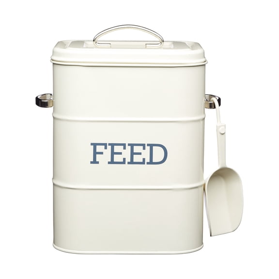 KitchenCraft Living Nostalgia Pet Food Storage Tin with Metal Scoop, Dog Food Bin, Dry Animal Feed Biscuit Metal Container for Bird, Cat, Rabbit, Guinea Pigs, Antique Cream