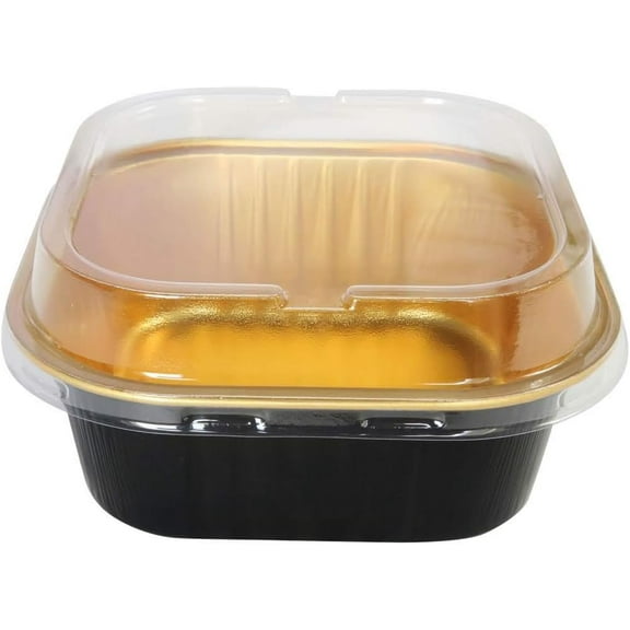 KitchenDance Disposable Foil Cake and Dessert Cup Set with Lid - 4.5 x 4.5" Square Cake Baking Pan for Hotels, Restaurants, Heavy Duty Aluminum Pan for Baking Food #A-24P (500, Black W/Gold Interior)