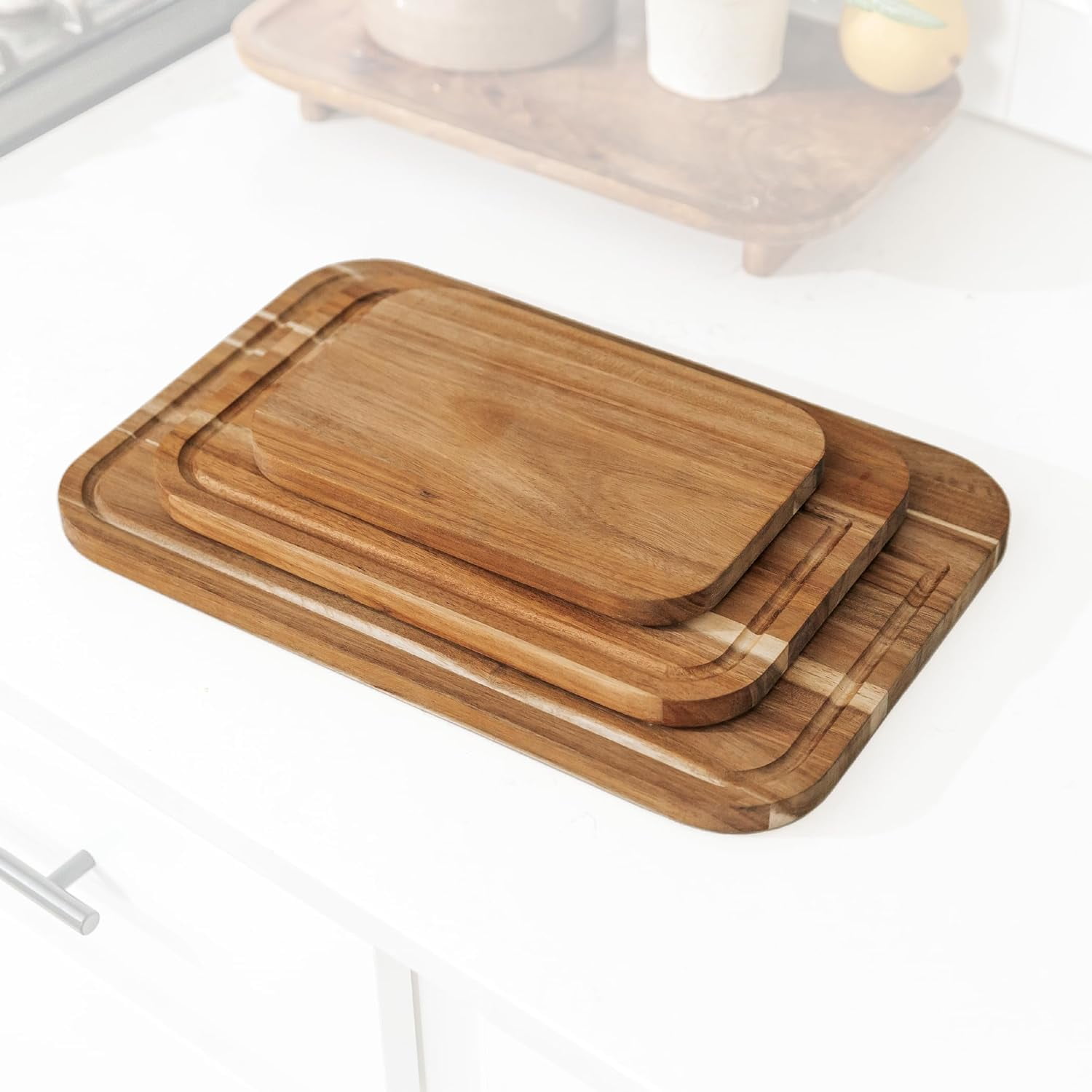 KitchenEdge Premium Acacia Wood Cutting Board Set of 3, Juice Groove and Non-Slip Feet, Thick Wood Trays for Cheese, Vegetables, Meat, Fruit, Heavy