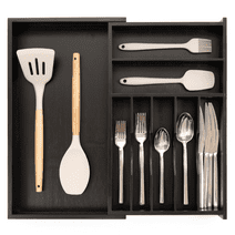 KitchenEdge Premium Silverware, Flatware and Utensil Organizer for Narrow Kitchen Drawers, Expandable 10.5 to 19 inches, 9 Storage Compartments, Non-Slip feet, Food-Safe Black Finish 100% Bamboo Wood