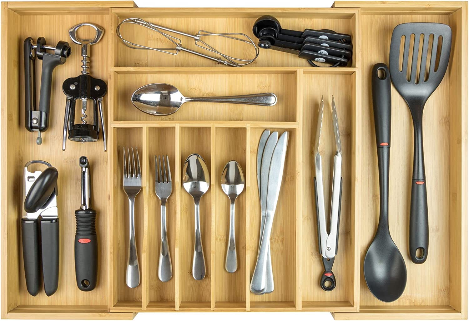 KitchenEdge Utensil Organizer for Kitchen Drawers, Expandable to 33 in Wide, 11 Compartments, Bamboo