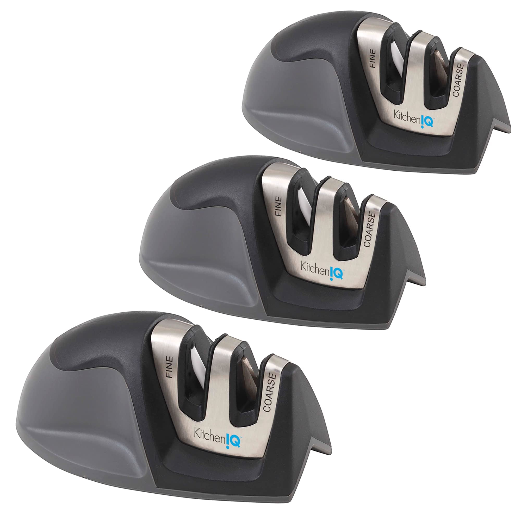 KitchenIQ 51420 | Edge Grip 2-Stage Knife Sharpener | 3 Pack | Coarse & Fine | Compact for Easy Storage | Stable Non-Slip Base | Soft Grip Rubber Handle | Straight & Serrated Knives, Black/Carbide