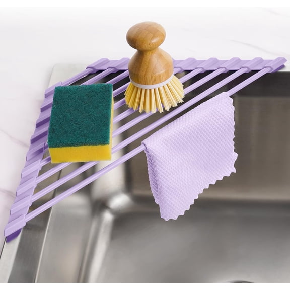 Compact Silicone-Coated Triangle Dish Drying Rack for Sink Corner - Foldable Stainless Steel Over-The-Sink Organizer and Storage Shelf (Light Purple)