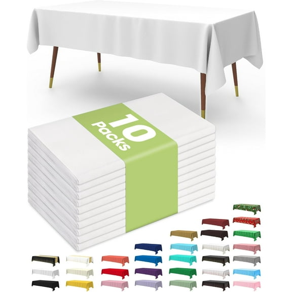 KitchenK Plastic Table Cloth Disposable 10 Pack, 54 x 132 Inch Table Cloths, Party, Picnic, Wedding, Decorative Tablecloths, Rectangle, White Plastic Cover, Leakproof & Sturdy, White